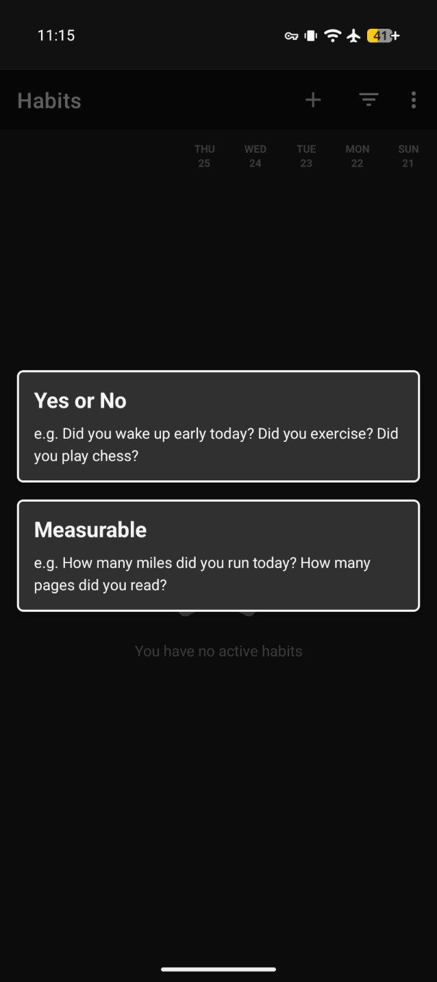A screenshot of the Loop app, where one selects the kind of habit to track.