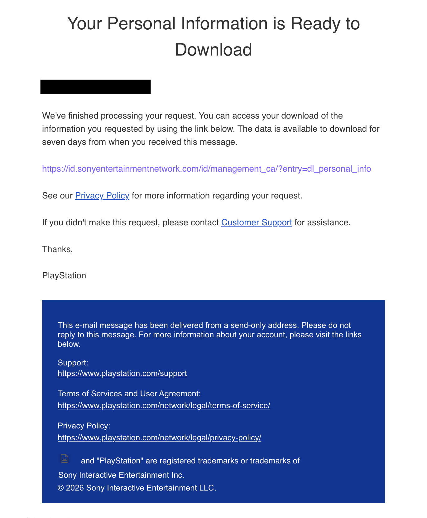 A screenshot of an email from Sony about a data request.