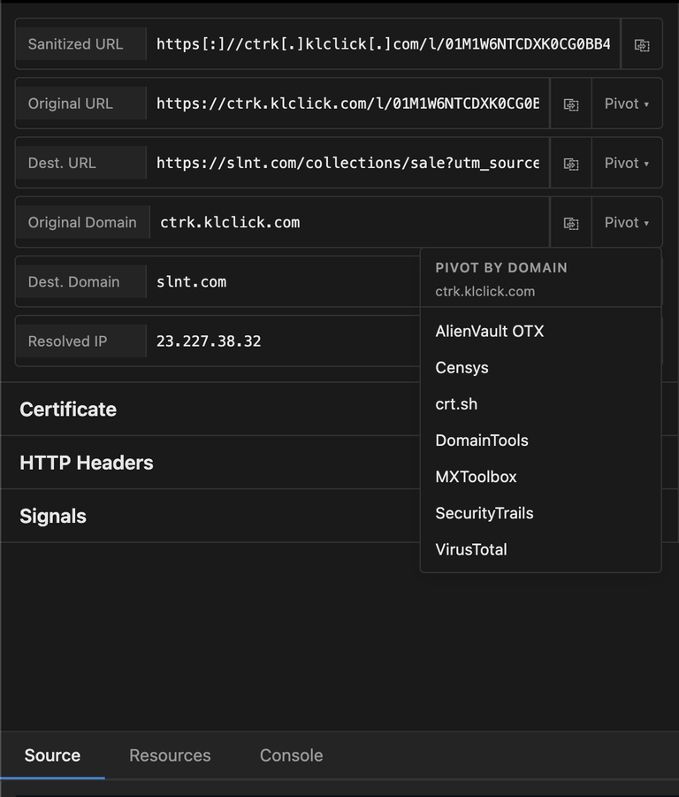 A screenshot from RawHTTP showing link pivot options.