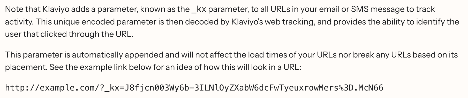 A screenshot from Klaviyo's website quoting documentation about the kx parameter.